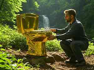 Kneeling man installs a golden toilet in the woods in front of a waterfall prepping for his adventure of going off-grid.