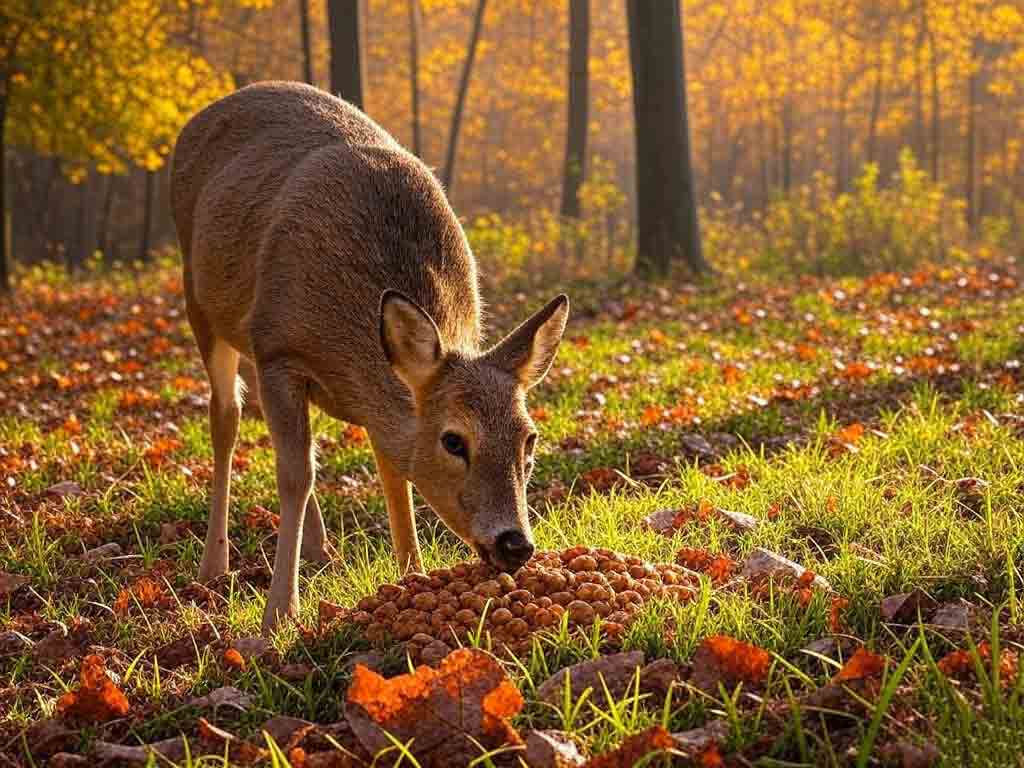 Deer foraging in autumn deer food plot near forest cover