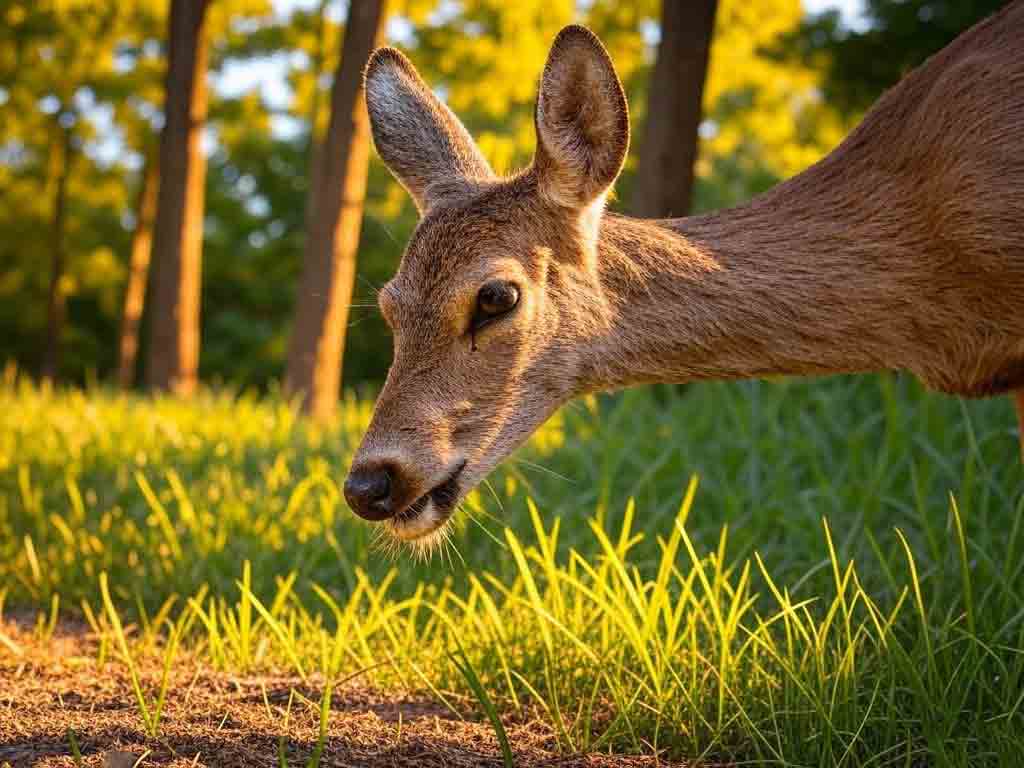 Deer grazing in woodland near deer food plot setup