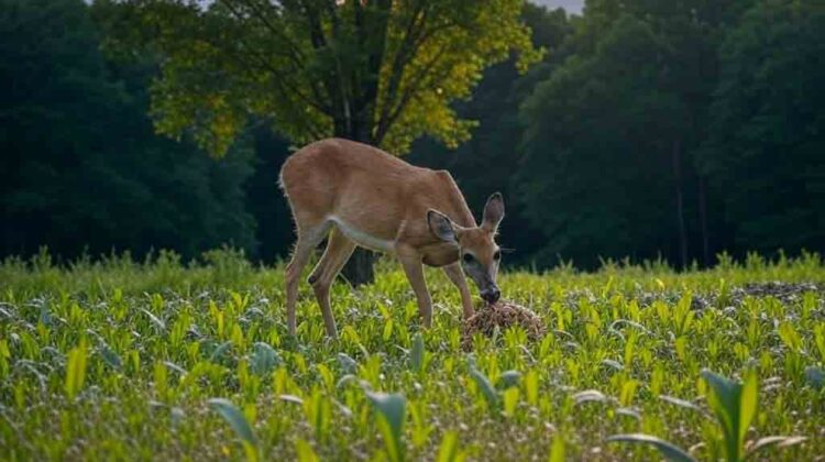 Deer grazing in a deer food plot with green forage at sunset