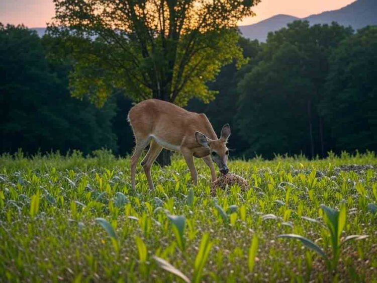 Deer grazing in a deer food plot with green forage at sunset