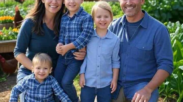 Family working in a peaceful modern homestead garden with a sustainable wooden house and solar panels, one of the homesteading trends in 2025.