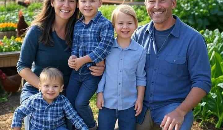 Family working in a peaceful modern homestead garden with a sustainable wooden house and solar panels, one of the homesteading trends in 2025.