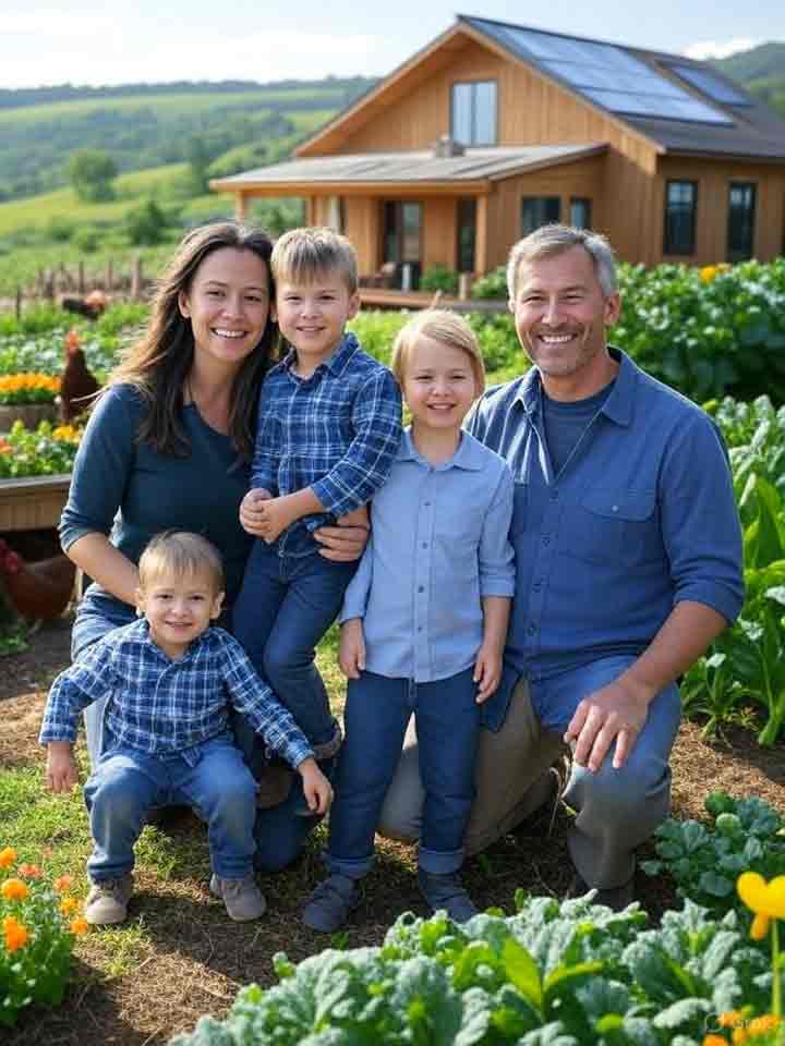Family working in a peaceful modern homestead garden with a sustainable wooden house and solar panels, one of the homesteading trends in 2025.
