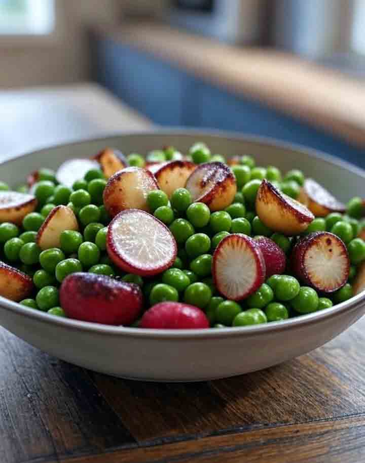 Griddle-Seared Radishes and Peas with Lemon Butter in a bowl