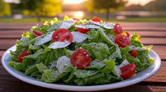 Grilled Romaine Caesar Salad with light char on a picnic table on a sunny day
