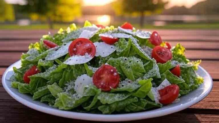 Grilled Romaine Caesar Salad with light char on a picnic table on a sunny day