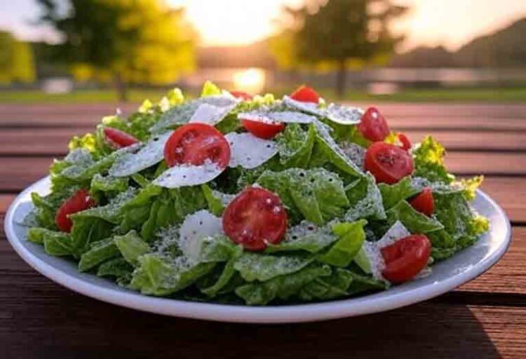 Grilled Romaine Caesar Salad with light char on a picnic table on a sunny day