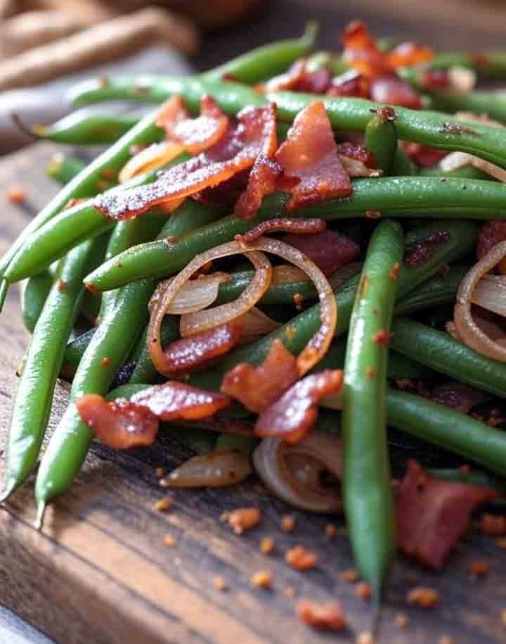 Smoked Green Beans with Bacon and Onion on a plate