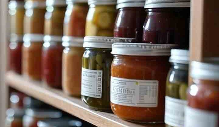 Organized wooden pantry shelves filled with rows of colorful glass jars containing homemade canned fruits, vegetables, jams, and pickles in warm autumn hues.