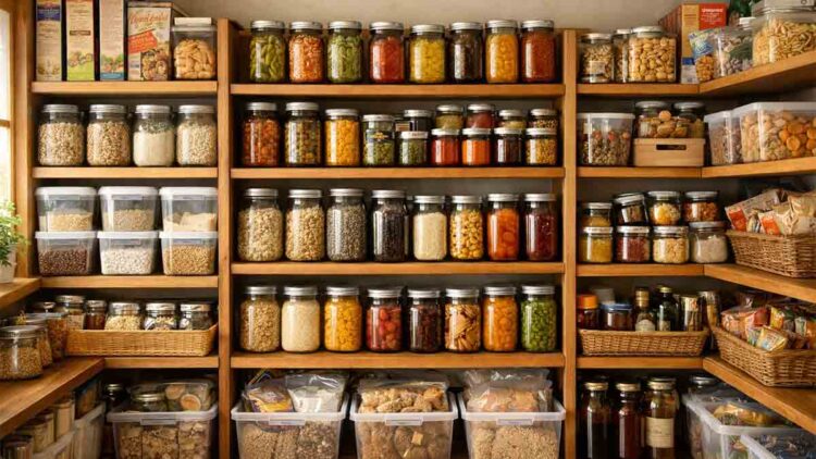 home food pantry with organized shelves and food storage bins