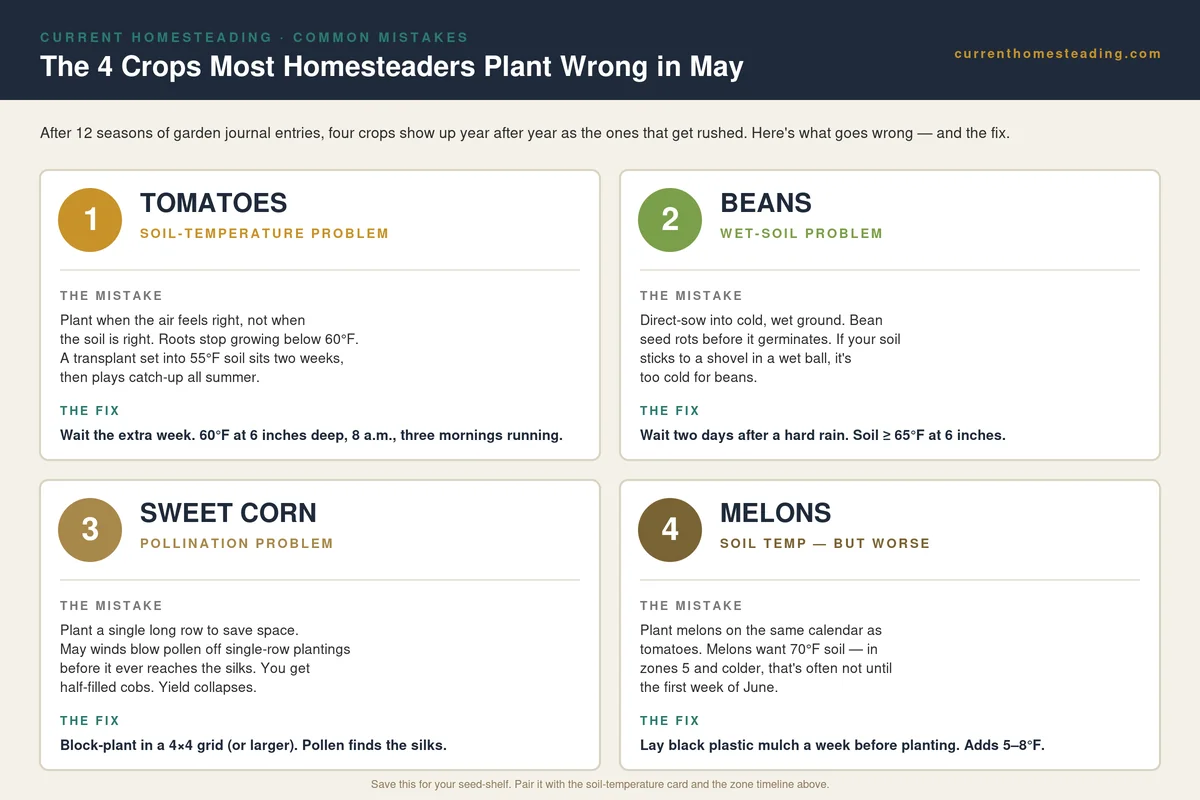 Four-card infographic showing the most common May planting mistakes: tomatoes, beans, sweet corn, and melons — each with the specific failure mechanism and the fix that works on a working homestead.