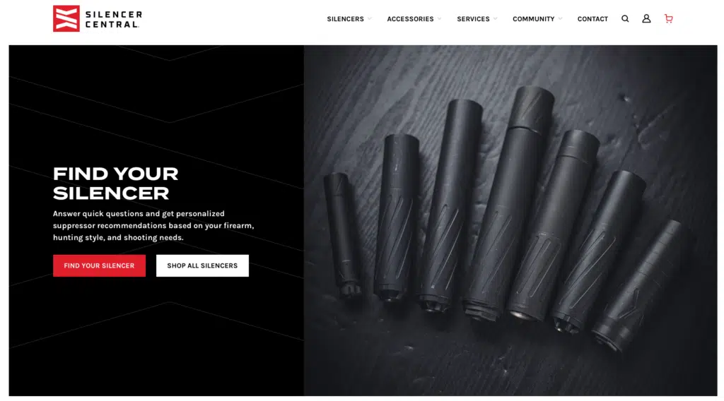 silencer-central-find-your-right-suppressor-1024x568png - Current Homesteading Split-screen hero: left panel with 'Find Your Silencer' text and red/white CTAs; right panel shows black firearm silencers on dark wood surface.