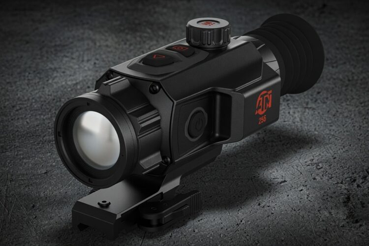 ATN Thermal - Current Homesteading Tactical rifle scope with side mount on a dark textured surface, showing adjustment knobs and lens cap badges (red ATN logo).