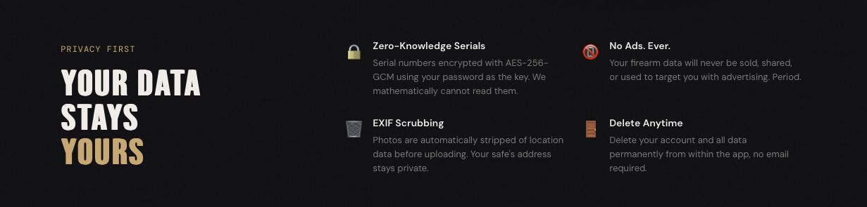Armorer App data - Current Homesteading Hero banner promoting data ownership: 'Your data stays yours' with four privacy features (zero-knowledge serials, no ads, EXIF scrubbing, delete anytime).