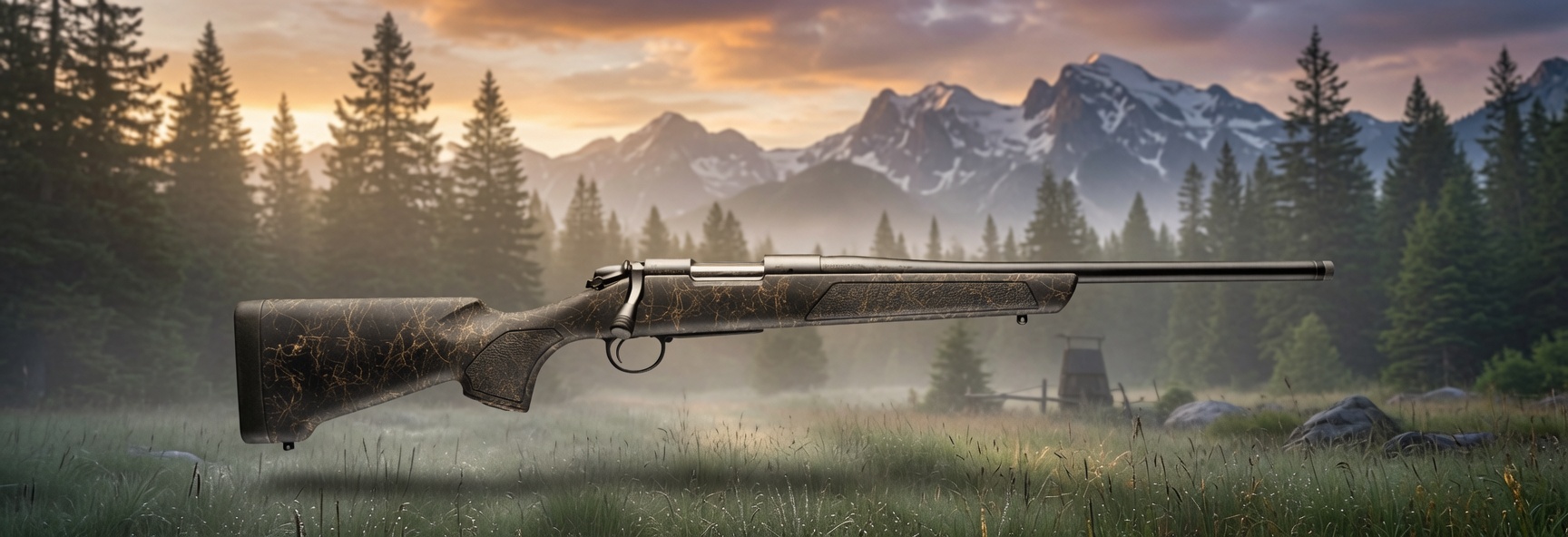 Bergera b14 stroke - Current Homesteading Bolt-action rifle with a cracked-pattern stock resting in a misty meadow, pine forest and snow-capped mountains at sunset in the background.