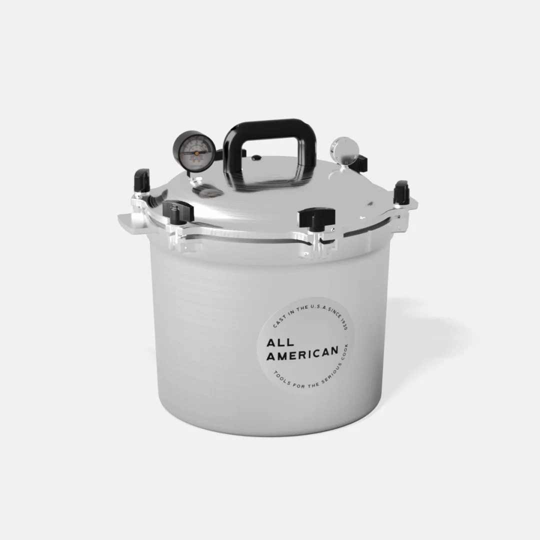 All American 921 pressure canner with metal-to-metal seal and dual gauges for homestead canning
