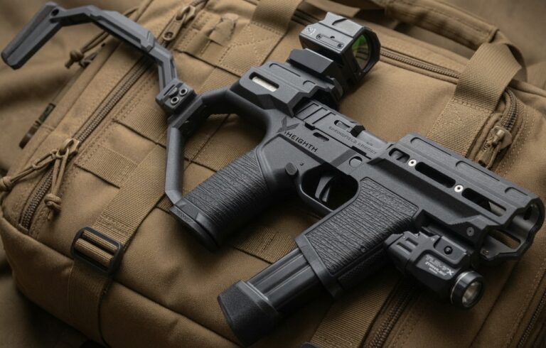 Black compact tactical firearm with a rail system, vertical grip, red dot sight, and foregrip laid on a brown tactical backpack.