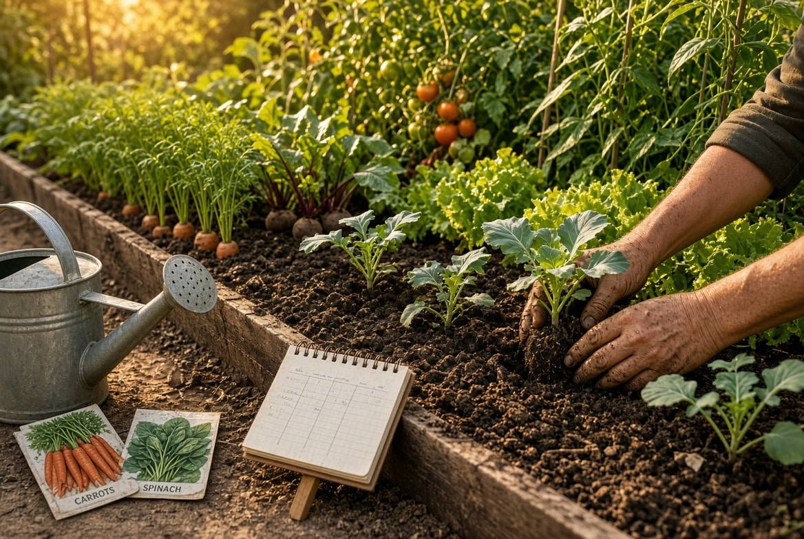 Person's hands plant young leafy greens in a raised garden bed; a watering can, seed packets (carrots, spinach), and a small garden planner sit nearby as sun warms the scene.