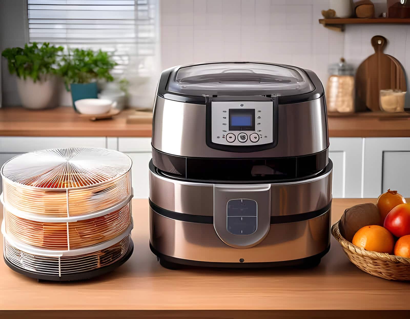 Electric air fryer on a kitchen counter with a dehydrator rack of dried food and a fruit basket nearby.
