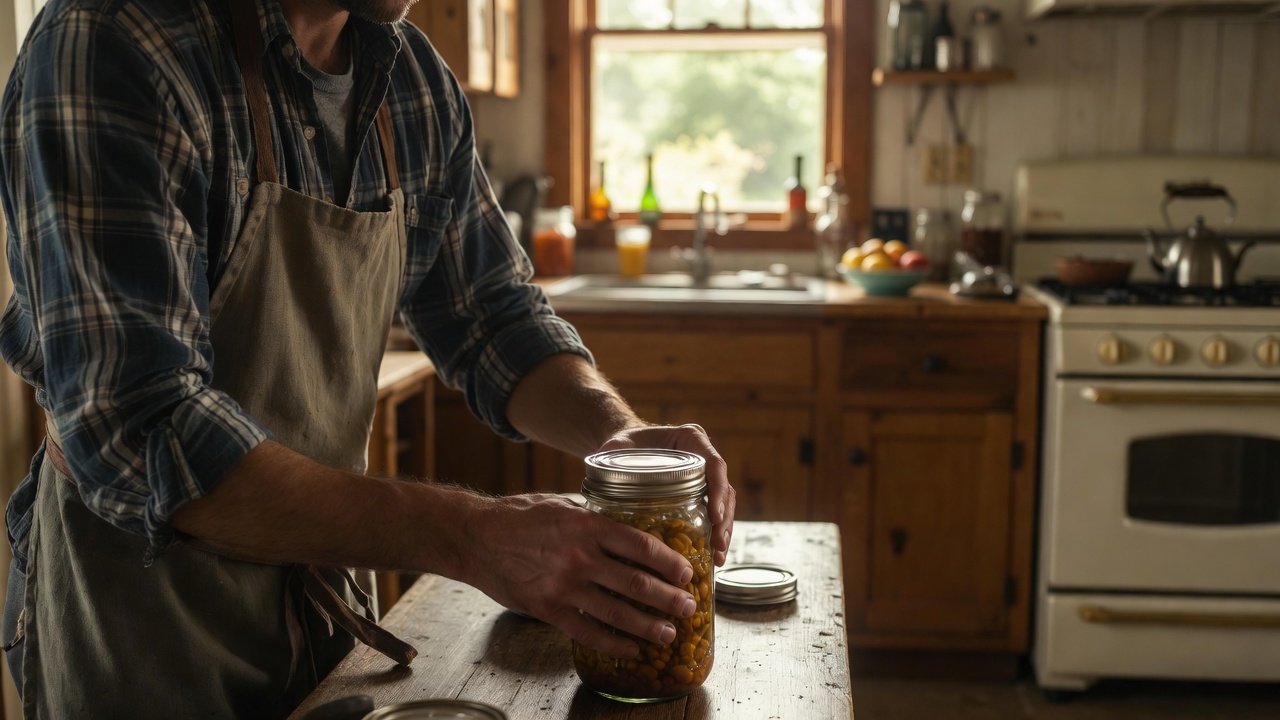 Homestead canning one - Current Homesteading Home canner checking the lid on a filled canning jar in a farmhouse kitchen