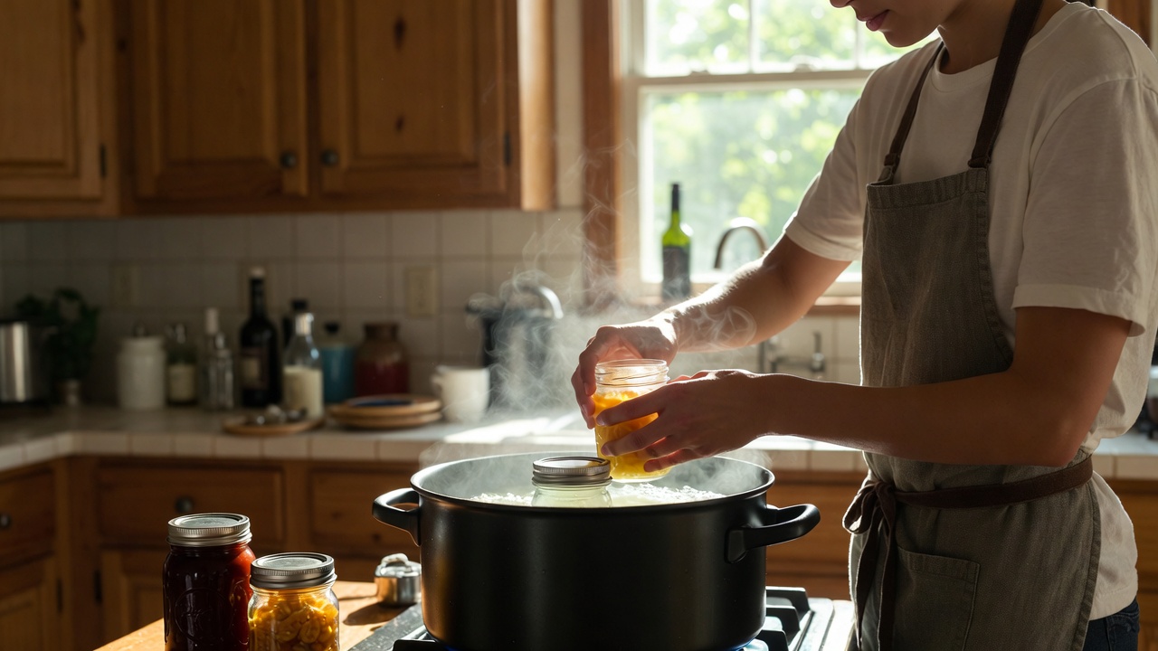 Home canner filling glass jars beside a stockpot on the stove