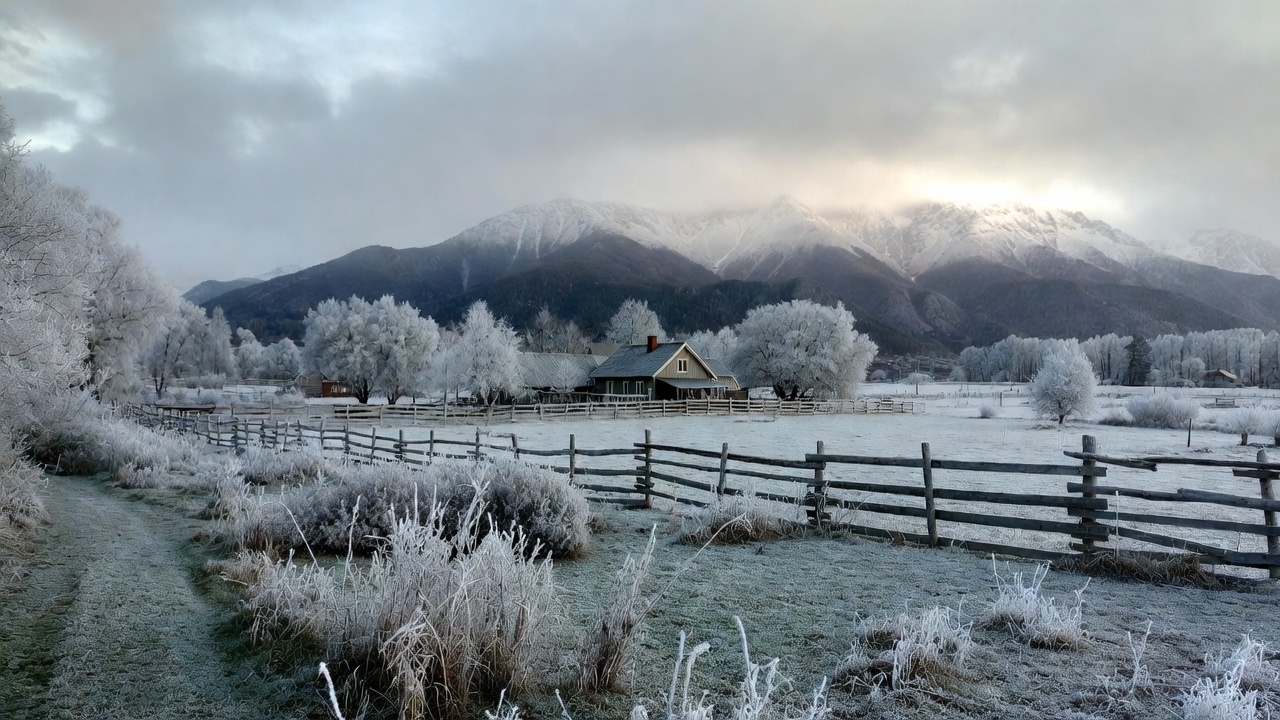 Homestead first frost - Current Homesteading Snow-covered farmhouse beside a split-rail fence with frosted trees and distant snow-capped mountains.