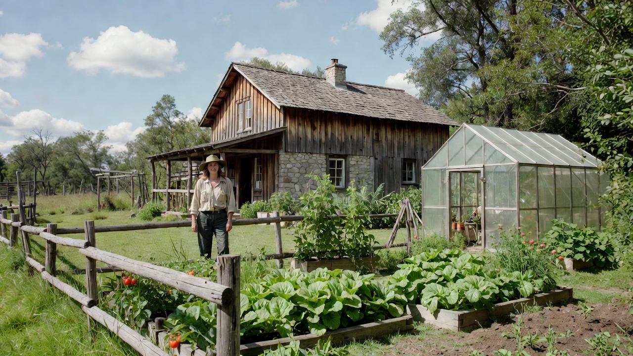 homesteadgarden - Current Homesteading Woman in a straw hat stands in a lush vegetable garden beside a rustic wooden cottage and a transparent greenhouse.