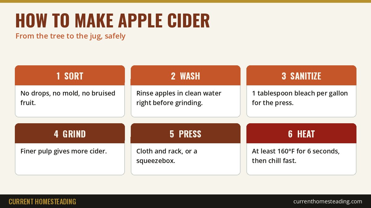 How to make apple cider in six steps: sort, wash, sanitize, grind, press, pasteurize at 160 degrees
