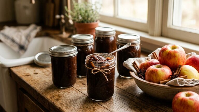 Apple butter recipe: pint jars of homemade apple butter with fresh apples and cinnamon sticks on a farmhouse counter