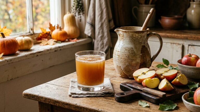 Glass and pitcher of fresh apple cider with cut apples on a kitchen counter