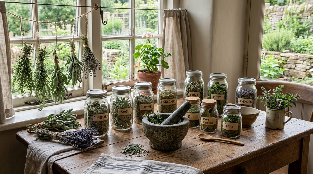 Jars of home-dried herbs and dried herb bundles on a homestead table