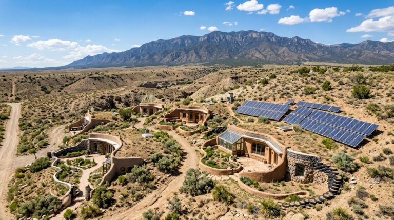 Aerial view of off-grid earth-sheltered homes in the high desert