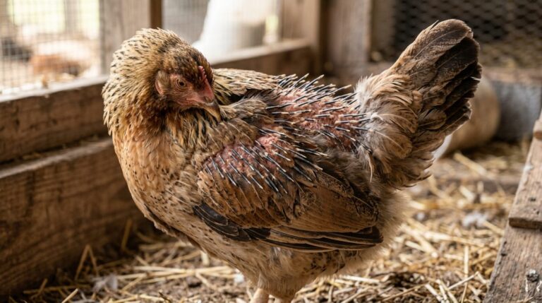 Speckled brown chicken in a straw-filled coop, with many white pins protruding through its side feathers.