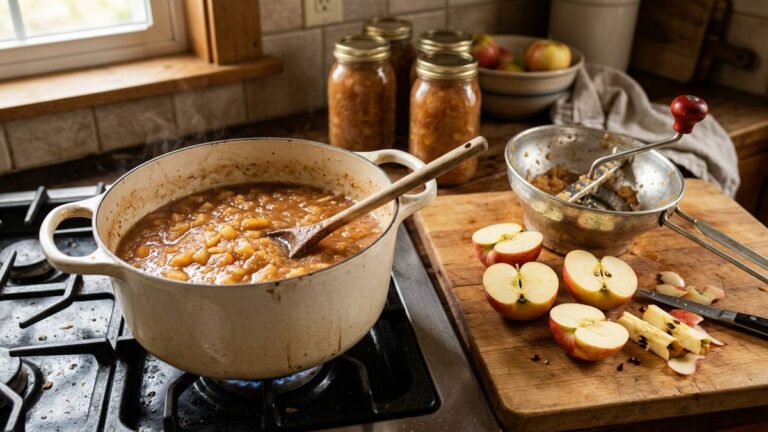 Homemade applesauce cooking in an enamel pot beside a food mill, halved apples and filled quart jars