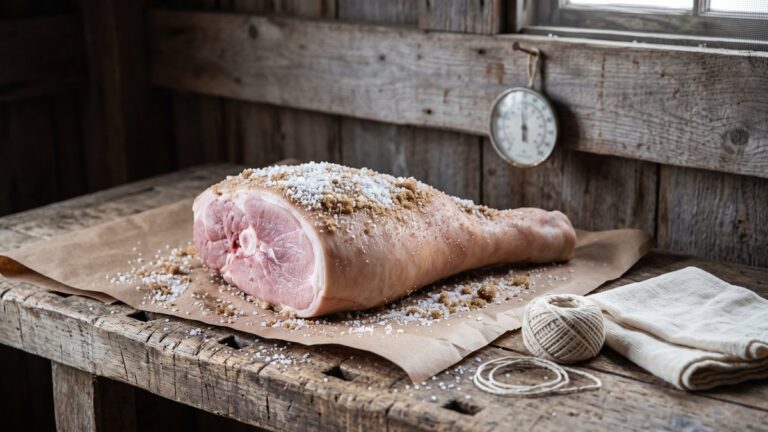 How to cure a ham: a fresh hog leg packed in coarse cure salt on butcher paper on a wooden board, with a thermometer hanging nearby in a cool farm shed