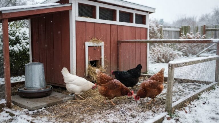 How to keep chickens warm in winter: hens in a snow-dusted run beside a wooden coop with open vents under the roofline and a heated waterer under the roofed end of the run