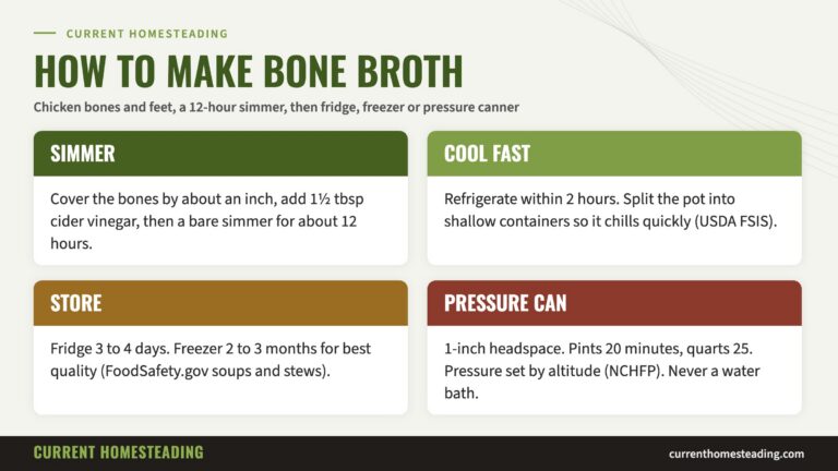 How to make bone broth: simmer about 12 hours, cool within 2 hours, fridge 3 to 4 days, and pressure can with NCHFP times