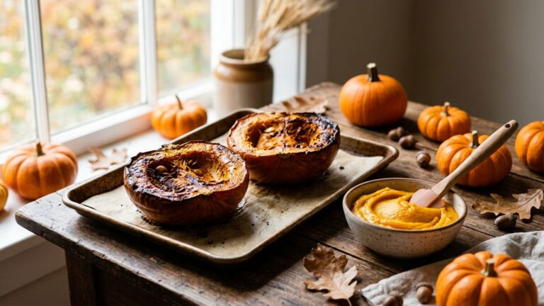 How to make pumpkin puree: a roasted pie pumpkin half beside a bowl of smooth homemade pumpkin puree