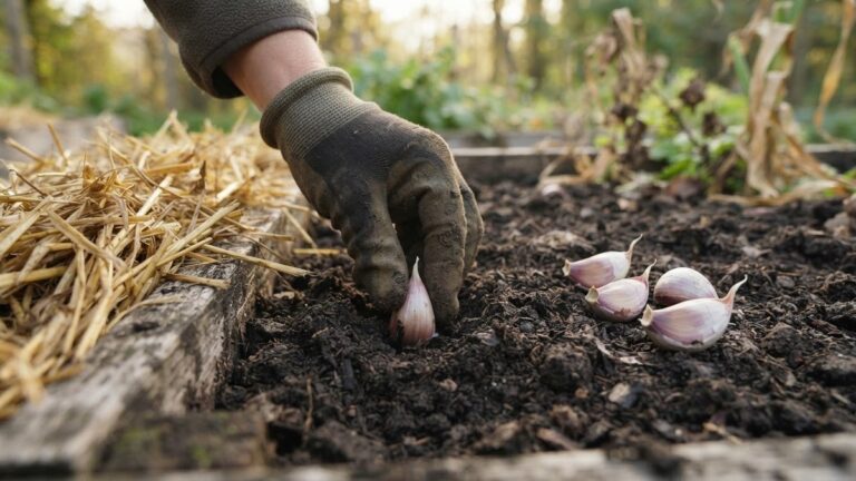 How to plant garlic: a hand pressing one garlic clove, pointed end up, into dark loose soil in a raised bed, with more cloves and straw mulch beside it