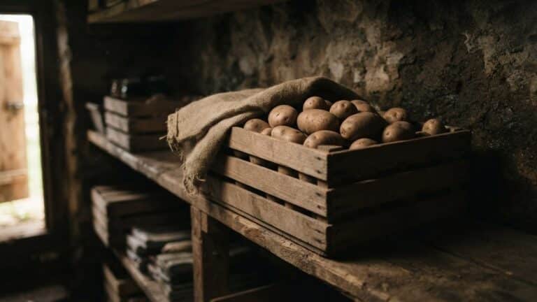 Cured potatoes in a slatted wooden crate on a dim root cellar shelf with burlap over one corner, showing how to store potatoes through winter